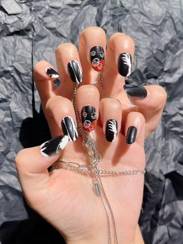 OPOOLA 24 pcs Oval Shape Halloween Ghost Soft Gel Fake Press On Nails with Jelly Glue & Nail Buffer